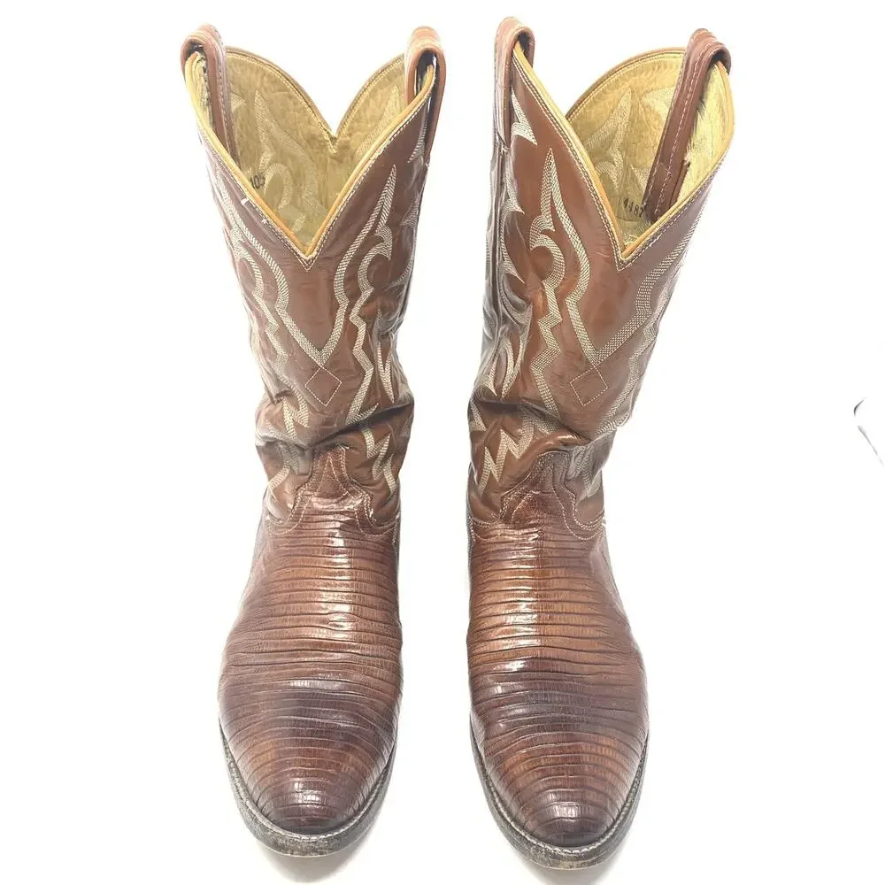 Tony Lama Vintage Teju Lizard Cowboy Boots Size 10.5 B Exotic Black Label Brown
